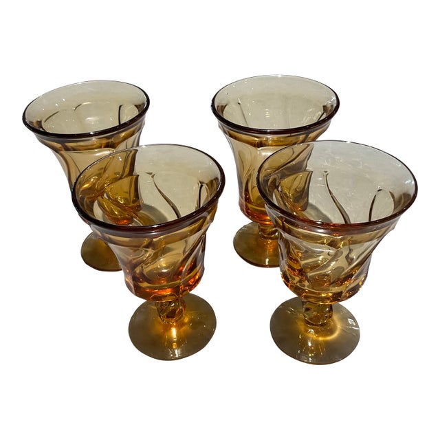 1960s Fostoria Jamestown Amber Swirl Footed Beverage Glass. Made in Usa. Retired Produced 1958 - 1982 For Sale
