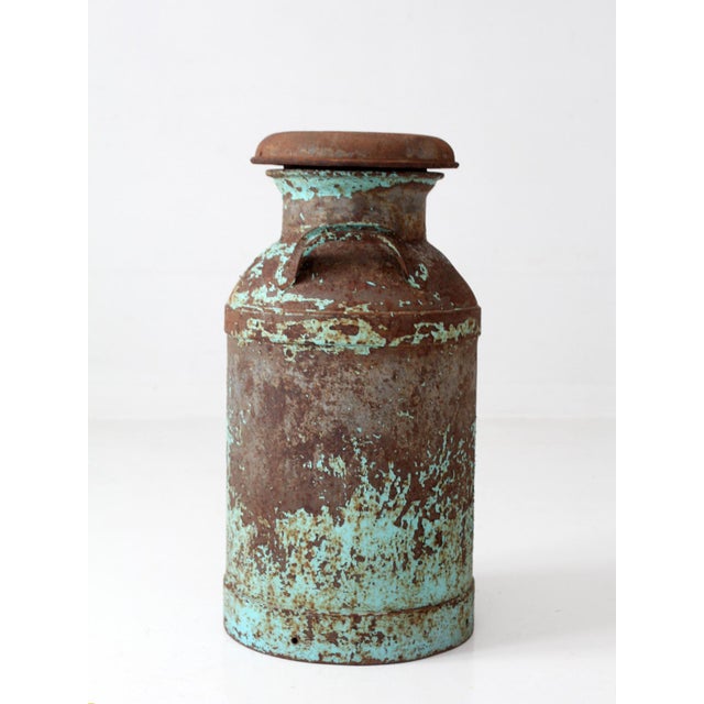 Metal Antique Turquoise Painted Metal Milk Can For Sale - Image 7 of 18