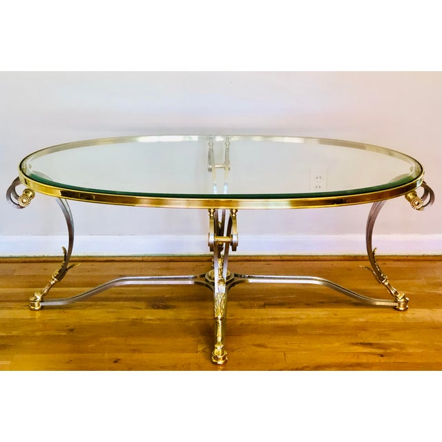 Vintage Jansen Style Neoclassical Oval Brushed Steel & Brass Glass Top Coffee Cocktail Table For Sale - Image 11 of 11