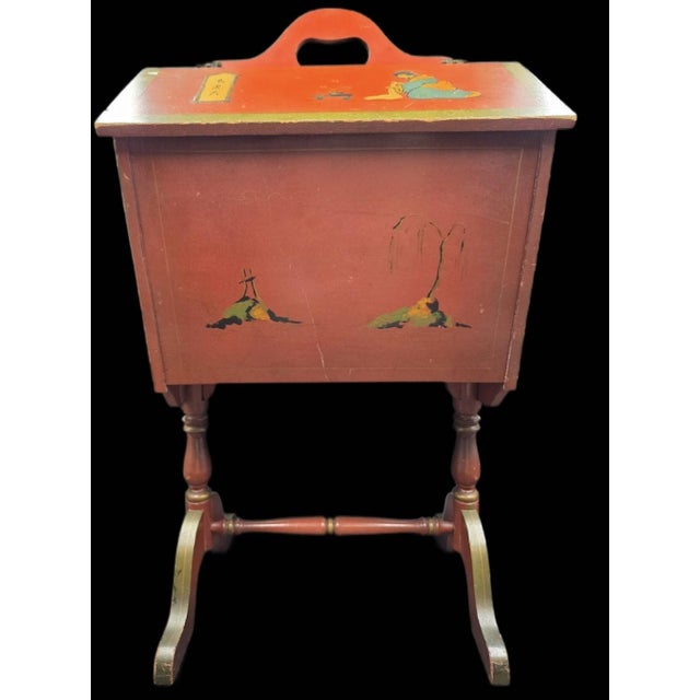 Vintage 20th Century English Style Red Japanned Hinged Two-Sided Flip-Open Sewing Cabinet For Sale - Image 10 of 18
