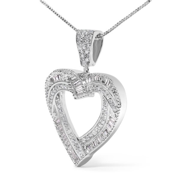 Haus of Brilliance .925 Sterling Silver 1.00 Cttw Baguette and Round Diamond Open Heart Pendant Necklace For Sale - Image 4 of 4