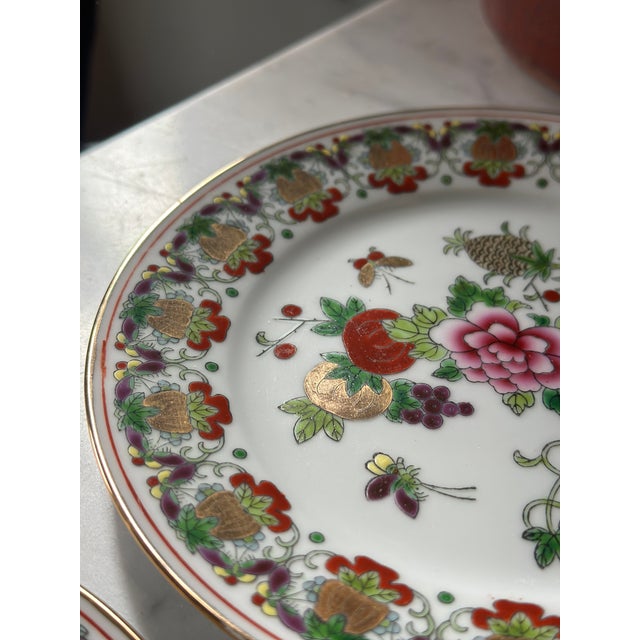 Rare Vintage Jingdezhen Famille Rose "Pineapple & Butterfly" Porcelain Teacup Trio Set - 6 Pieces For Sale - Image 10 of 12