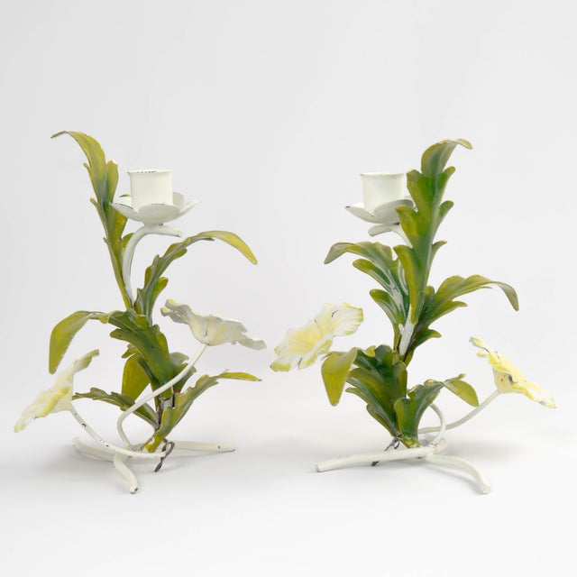 Metal Vintage Italian Tole Metal Candlestick Holders With Hand-Painted Flowers For Sale - Image 7 of 15