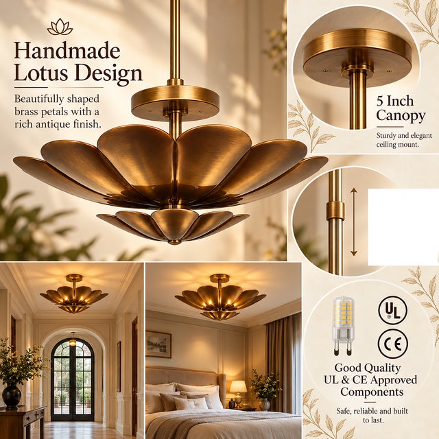 Handmade Brass Lotus Ceiling Light, Floral Scalloped Fixture, Antique Finish For Sale - Image 10 of 10