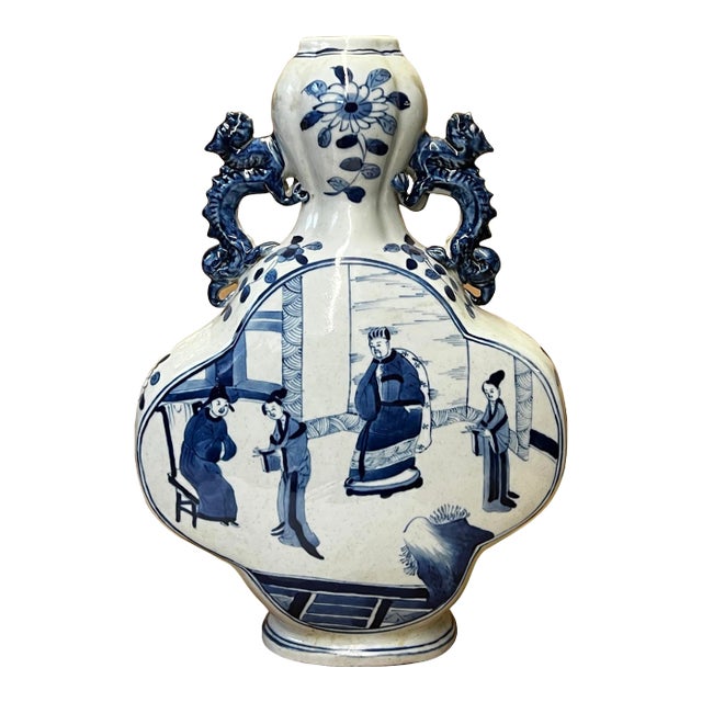 Chinese Blue White Porcelain People Theme Flower Shape Vase For Sale