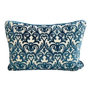 Traditional Blue Velvet Damask Large Accent Feather Pillow