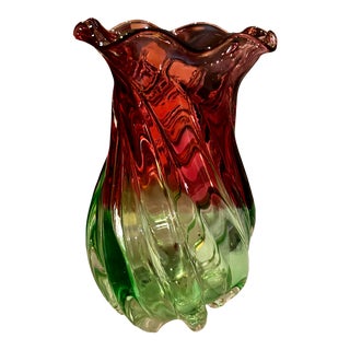 1950's Hand Blown Teleflora Swirled Pink & Green Vase For Sale