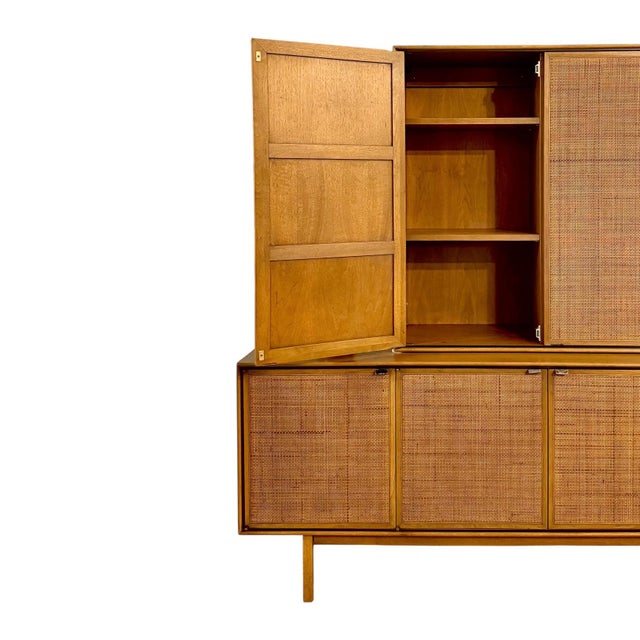 Brown 1950s Mid-Century Modern Cane and Walnut Credenza and Wall Cabinet by Jack Cartwright for Founders - Set of 2 For Sale - Image 8 of 11