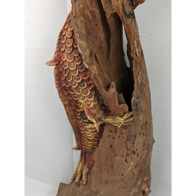 Mid 20th Century Monumental Hand-Carved Asian Dragon Coiled Around Natural Tree Trunk Sculpture With Original Polychrome Finish 40" For Sale - Image 11 of 18