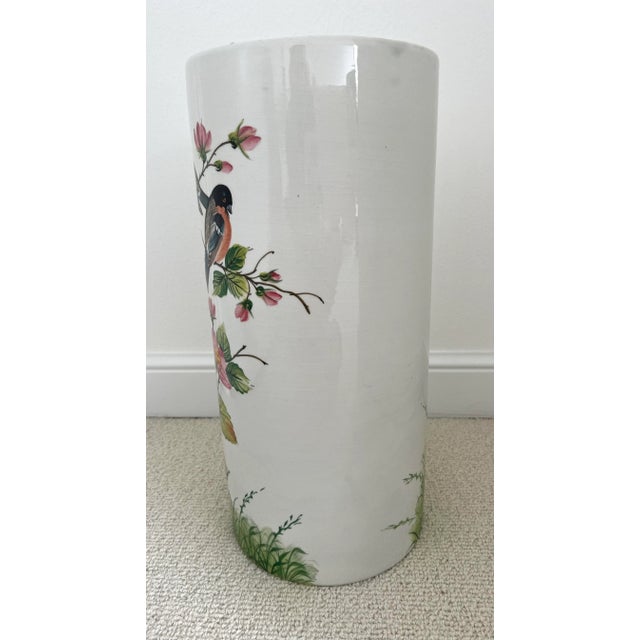 Italian Tall Italian Hand Painted Floral and Bird Porcelain Umbrella Stand For Sale - Image 3 of 10