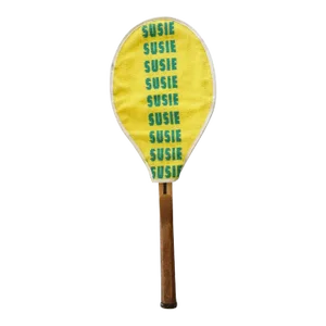 Wright & Ditson Antique Tennis Racket and Embroidered Yellow Cover "Susie"