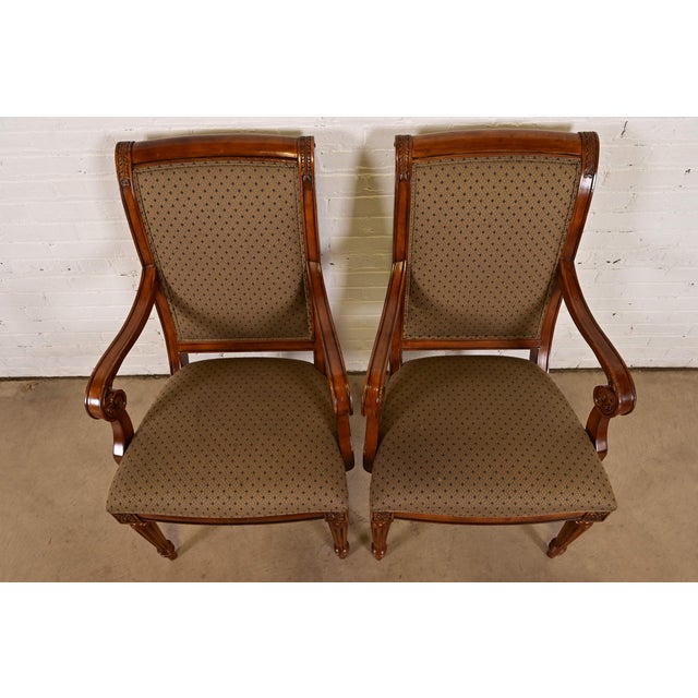 Late 20th Century Ethan Allen French Regency Louis XVI Carved Cherry Wood Upholstered Armchairs, Pair For Sale - Image 5 of 11