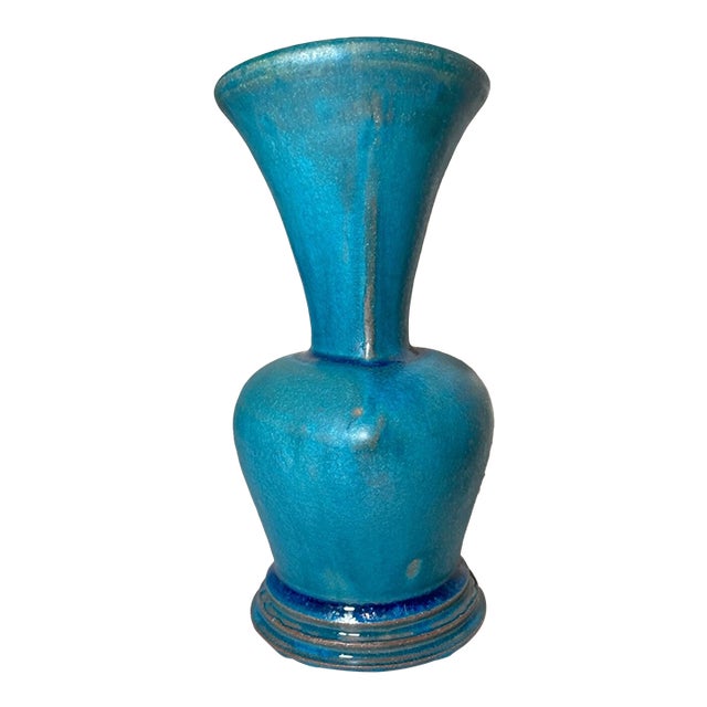 Rare Vintage Handmade Neil Patterson Bright Baby Blue Glaze Pinched Pottery Vase For Sale
