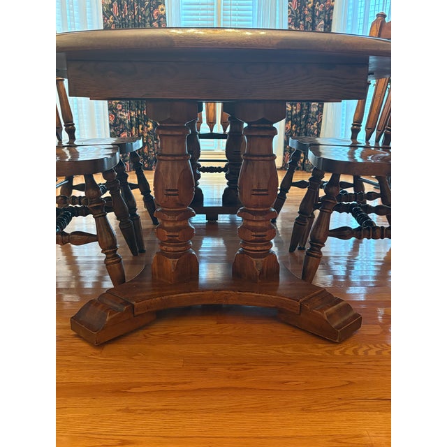 1970s 1970s Solid Oak Pedestal Dining Table With Two Leaves – Extends to 84” - Nashville For Sale - Image 5 of 6