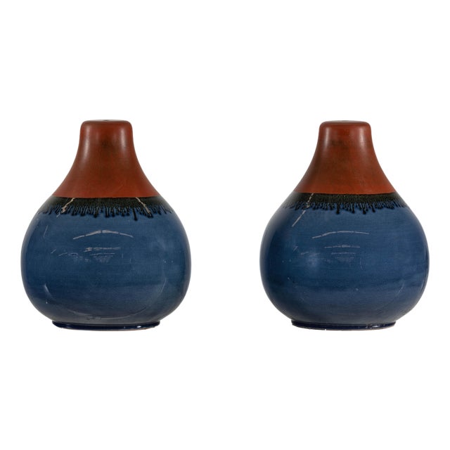 Pair of Artisan Ceramic Vases in Midnight Blue, Pre-Drilled for Lamp Conversion For Sale