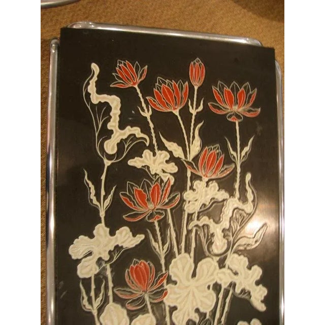 Metal Vintage Floral Top Cocktail Table With Chrome Base, 1970's For Sale - Image 7 of 7