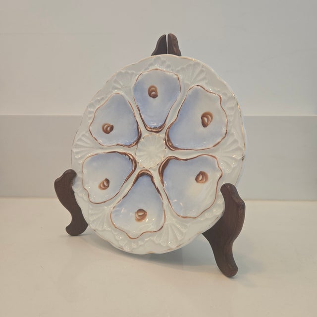 Coastal Antique European 6-Well Porcelain Oyster Plate, Lavender-Blue & Gold For Sale - Image 3 of 12