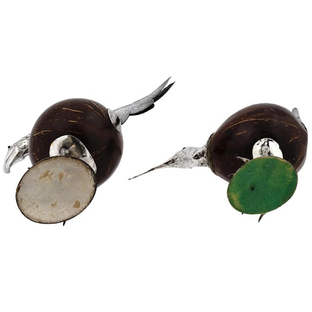 Modern Matched Pair Antique Silver and Coconut Exotic Bird Figurines For Sale - Image 3 of 9