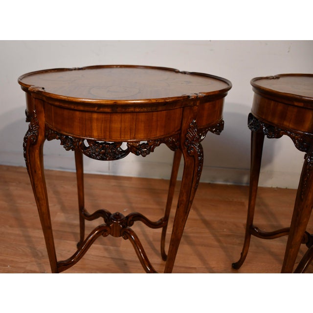 Brown 1920s Antique French Louis XV Satinwood Inlaid Pair of Side Tables / End Tables For Sale - Image 8 of 18