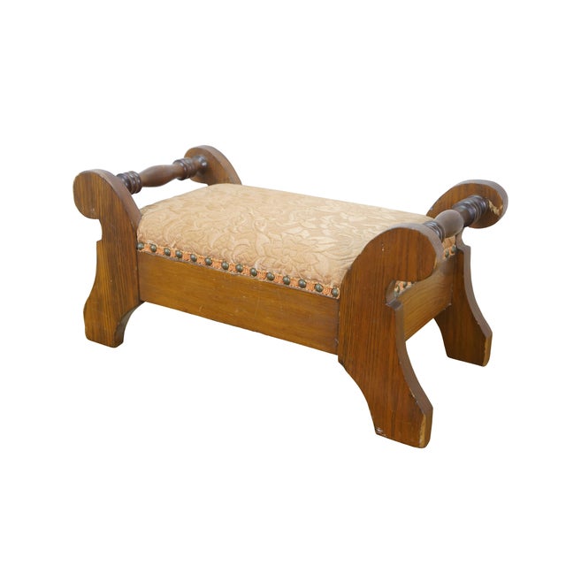American Antique Early American Pine Upholstered Needlepoint Foot Stool Ottoman Rest 11" For Sale - Image 3 of 14