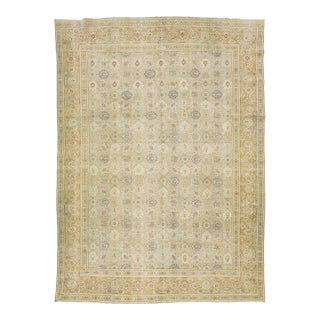 Antique 1920s Persian Tabriz Wool Rug With Floral Pattern in Beige For Sale