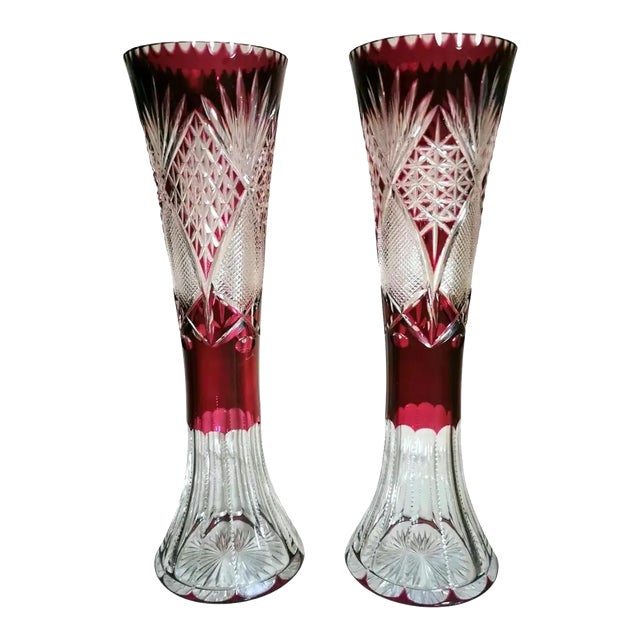 Art Deco Saint Louis Style French Cut and Grinded Lead Crystal Vases - a Pair For Sale