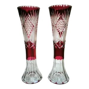 Art Deco Saint Louis Style French Cut and Grinded Lead Crystal Vases - a Pair