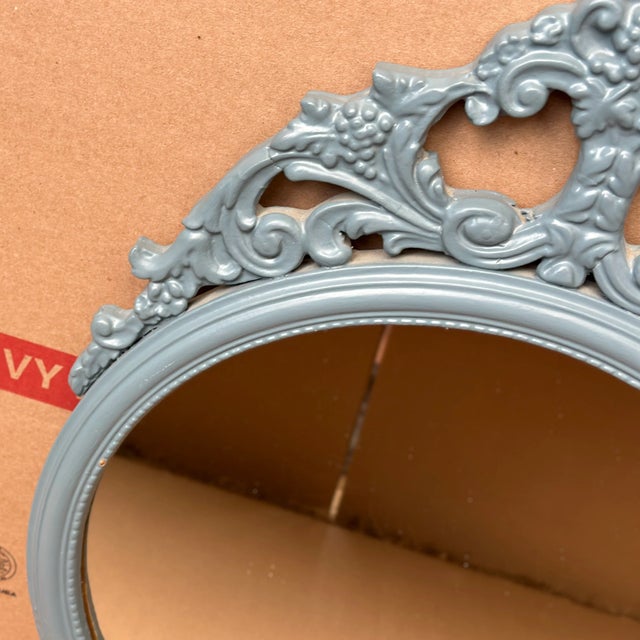 Antique Blue Grey Painted Carved Wood Framed Round Mirror For Sale - Image 4 of 12