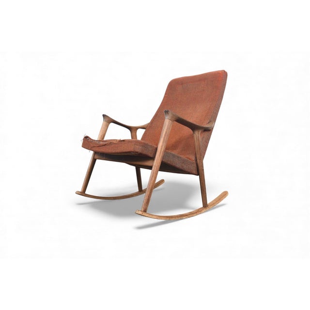 Mid-Century Modern Mid 20th Century Sculptural Teak + Wool Rocking Chair Attributed to Ingmar Relling For Sale - Image 3 of 7