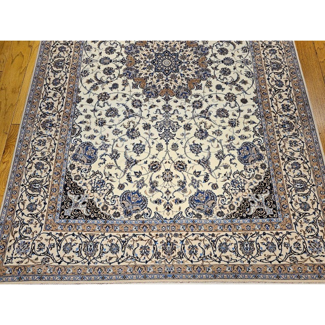Vintage Exceptionally Fine Persian Nain Habibian Area Rug, Hand-Knotted Wool & Silk, Floral Pattern, 7x10, Ivory & Blue For Sale - Image 11 of 16
