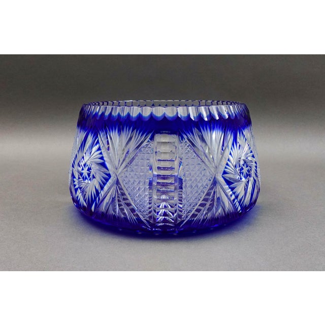 Mid 20th Century Czech Bohemian Cobalt Blue Cut to Clear Crystal Round Centerpiece Bowl For Sale - Image 4 of 7
