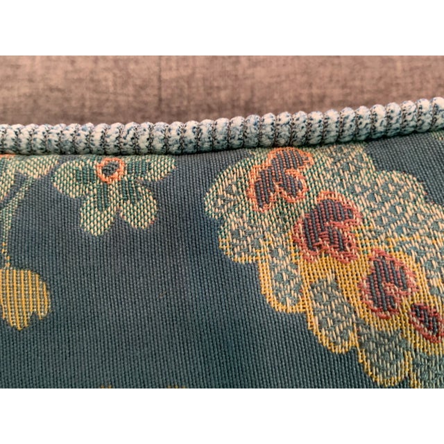 Jacobean Floral Teal Blue Tapestry Square Pair of Pillows With Aqua Velvet Backing For Sale - Image 3 of 6