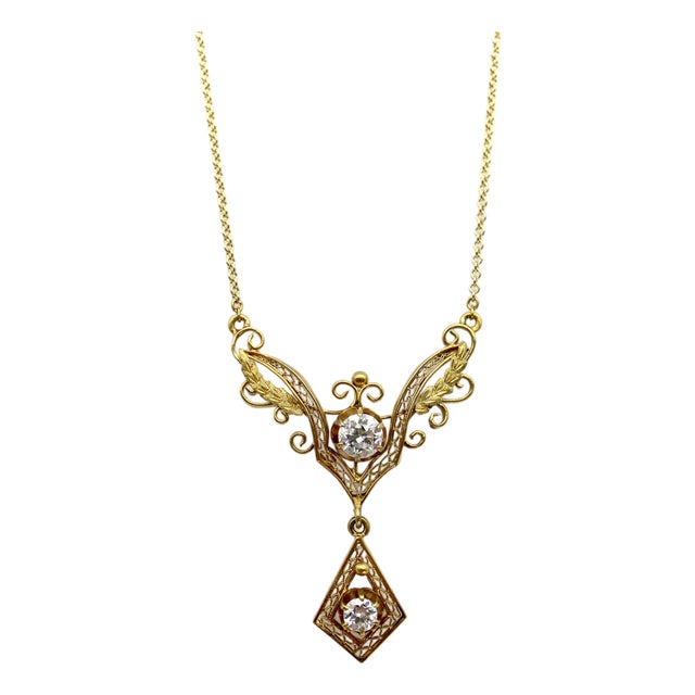 Late 19th Century Victorian 14k Gold Filigree and Old European Cut Diamond Pendant Necklace For Sale