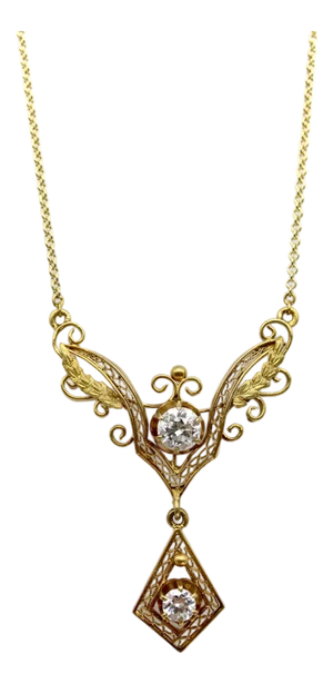 Late 19th Century Victorian 14k Gold Filigree and Old European Cut Diamond Pendant Necklace