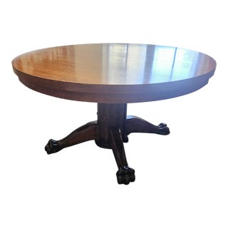 Early 20th Century Round Antique Oak Split Pedestal Table With Original Leaf For Sale
