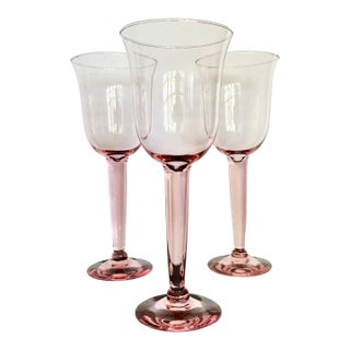 Vintage Blush Pink Water Goblets – Set of 3, Tall Wine Glasses • 8 3/4″ Tall • Thick Stemmed Water Goblets For Sale