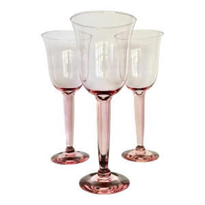 Vintage Blush Pink Water Goblets – Set of 3, Tall Wine Glasses • 8 3/4″ Tall • Thick Stemmed Water Goblets