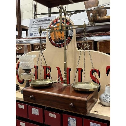 Large Chemist's Shop Scales in Brass on Mahogany Cabinet For Sale - Image 12 of 16