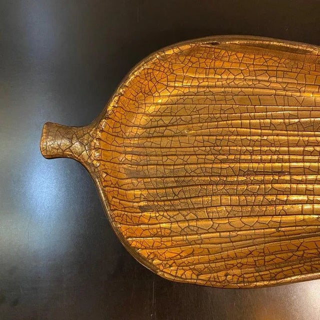 Ceramic Mid-Century Modern Italian Gilt Art Pottery Leaf Tray For Sale - Image 7 of 11