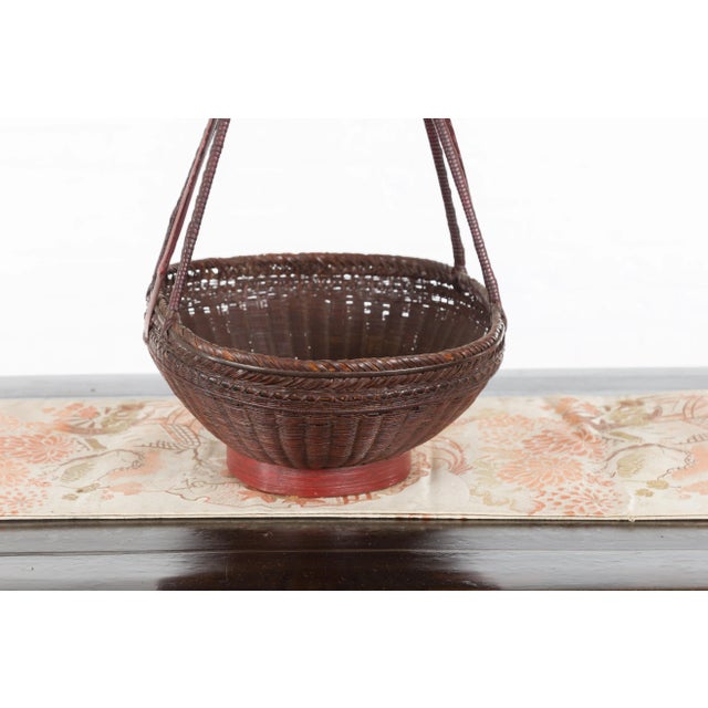 Chinese Chinese Woven Rattan Red and Brown Market Basket with Large Tripartite Handle For Sale - Image 3 of 13