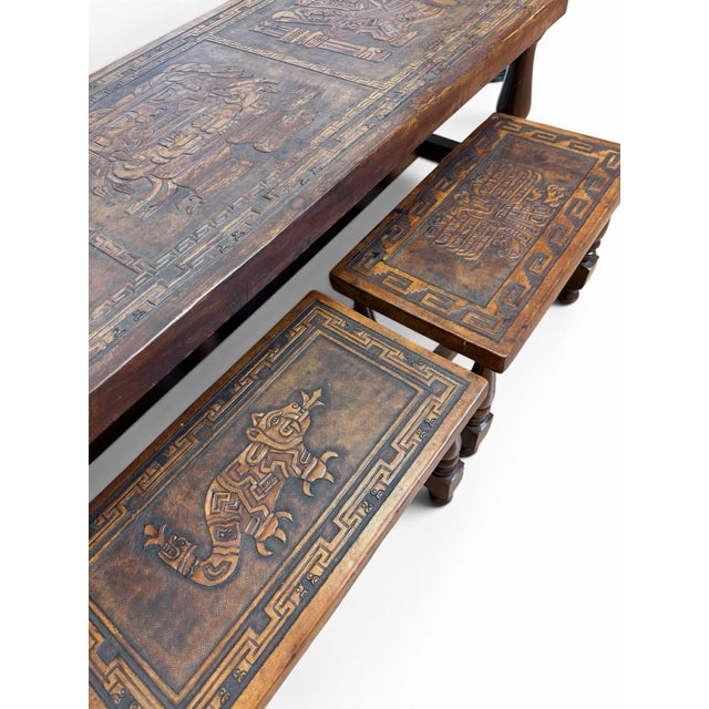 Wood Vintage 1960s Angel Pazmino for Muebles De Estilo Tooled Leather Table & Bench Set - 3 Pieces For Sale - Image 7 of 8
