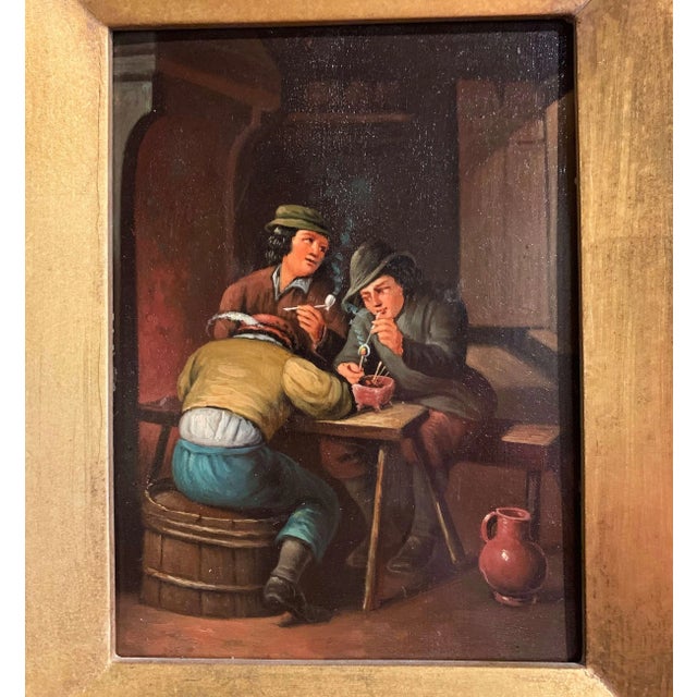 Brown Pair of 19th Century Flemish Tavern Scene Oil Paintings on Copper For Sale - Image 8 of 12