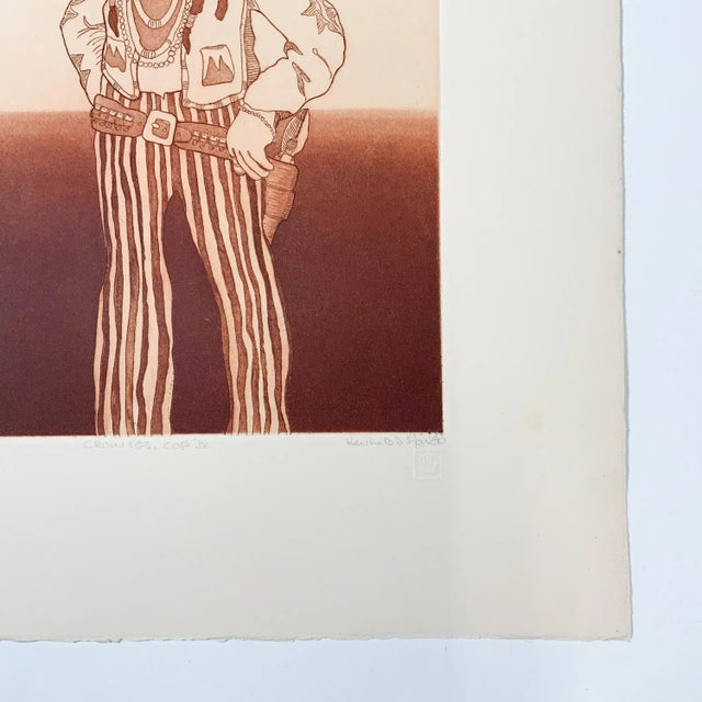 1980 etching on paper by Kevin Red Star (b. 1943) Montana, Crow tribe, titled Crow Res Cop IV. Signed, titled and numbered...