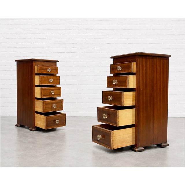 Wood Pair of Federal Style Narrow Mahogany Dressers | 1920's Skinny Nightstands Glass Knobs For Sale - Image 7 of 12