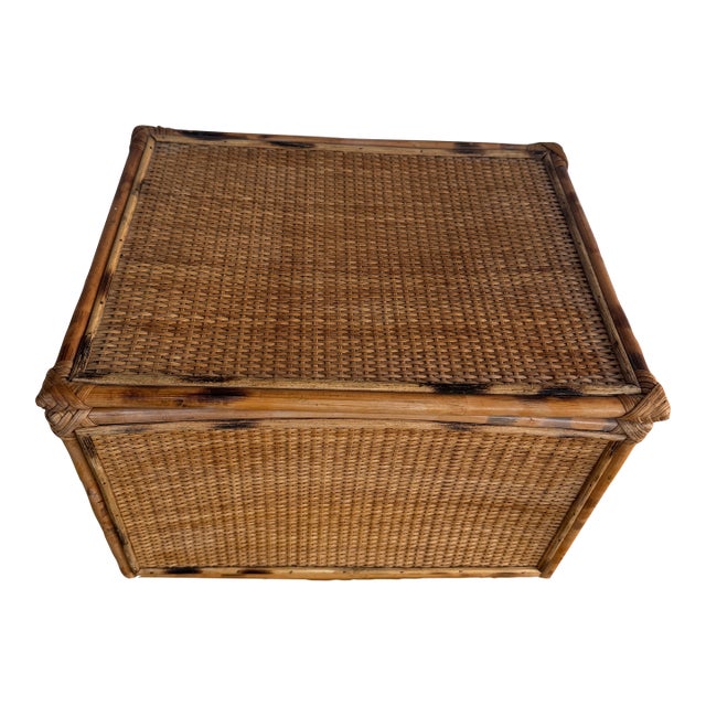 Late 20th Century Extra Large Hinged Tortoise Bamboo and Woven Cane Storage Box For Sale
