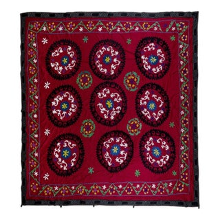 8.3x8.3 Ft Vintage Silk Hand Embroidery Bed Cover, Uzbek Suzani Wall Hanging. Red Tablecloth For Sale