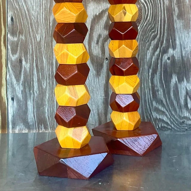 Vintage Boho Stacked Faceted Wood Block Lamps - a Pair For Sale - Image 9 of 13