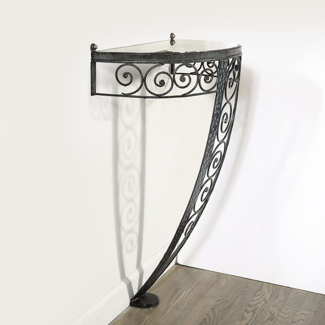 Art Deco Demilune Wrought Iron Spiral Motif & Porto Marble Inset Console Table For Sale - Image 11 of 13