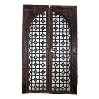 Antique Indian Teakwood and Painted Iron Compound Door For Sale
