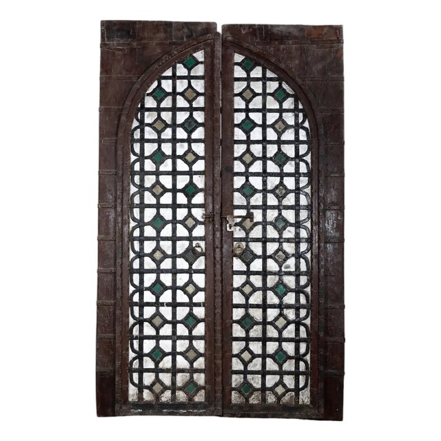 Antique Indian Teakwood and Painted Iron Compound Door For Sale